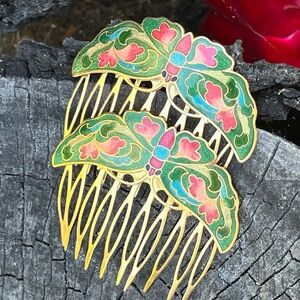 Vintage Cloisonné Butterfly Green Hair Comb Set
